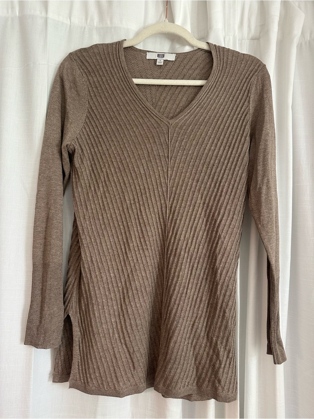 Etcetera Taupe Ribbed V-Neck Tunic Sweater